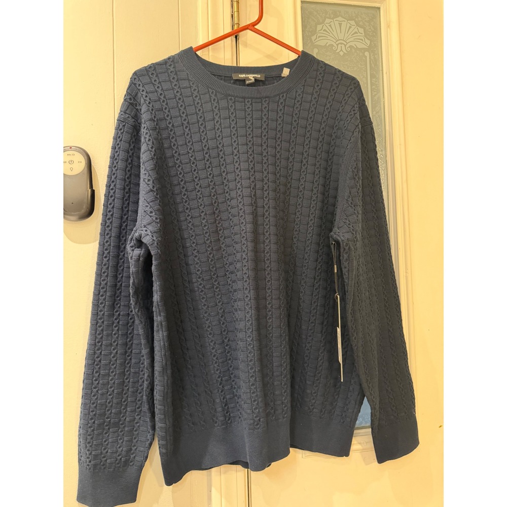 Karl Lagerfeld Paris Mens Blue Cable Knit Crew Neck Sweater XL New With Tags